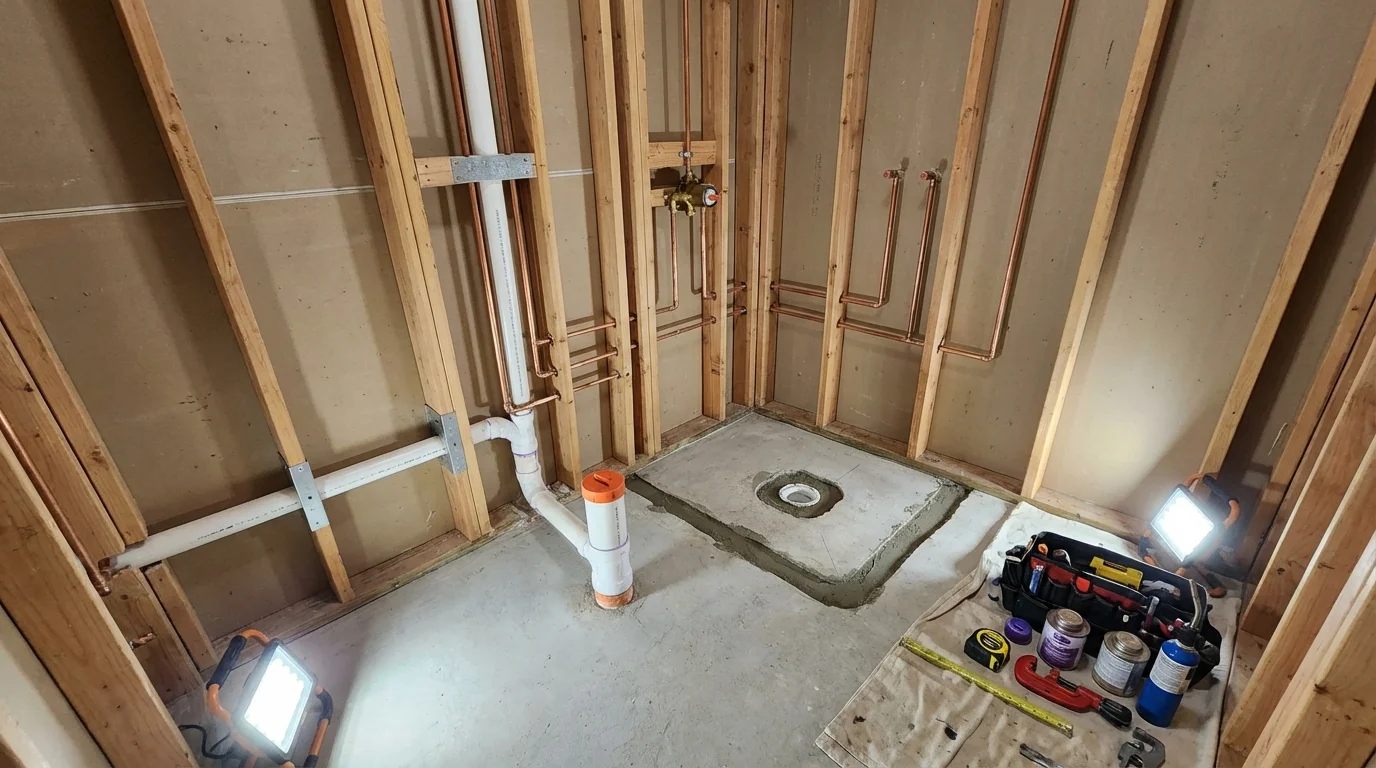 Bathroom rough-in plumbing during remodel by Johns Plumbing LLC in Tulia