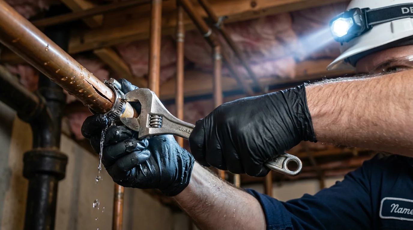 Emergency pipe clamp repair being performed by a Johns Plumbing LLC plumber in Tulia