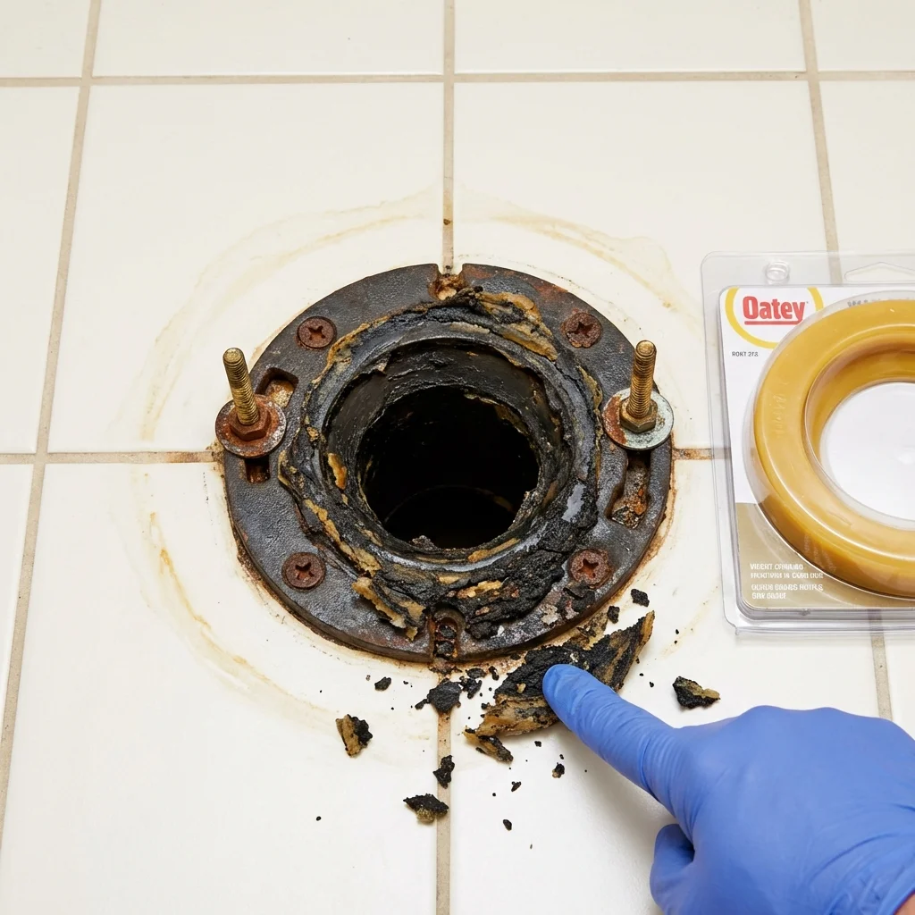Failed wax ring showing water seepage at the base of a toilet in a Tulia, TX home