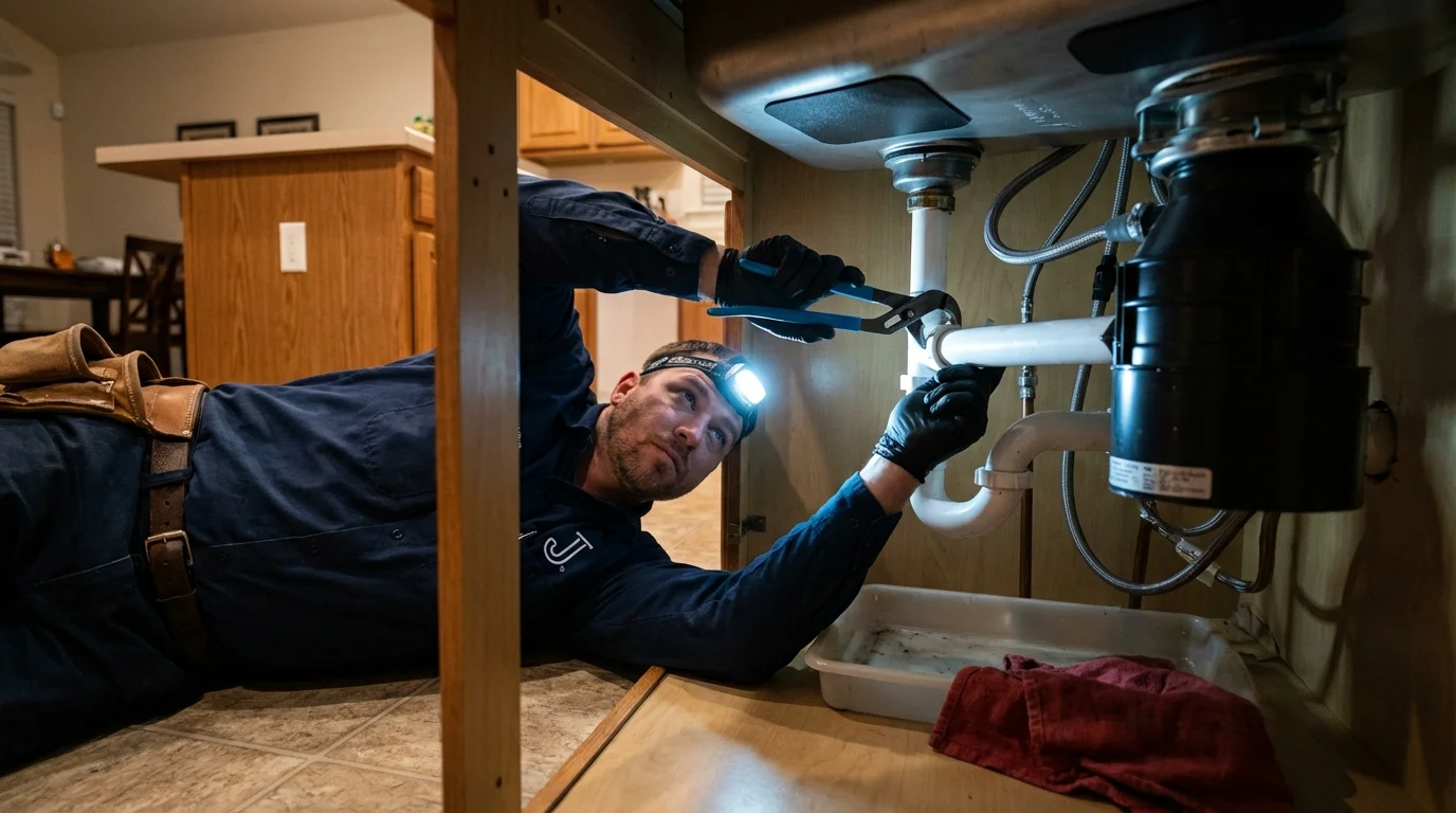 P-trap and supply line connections under a kitchen sink showing a common leak point in Tulia, TX